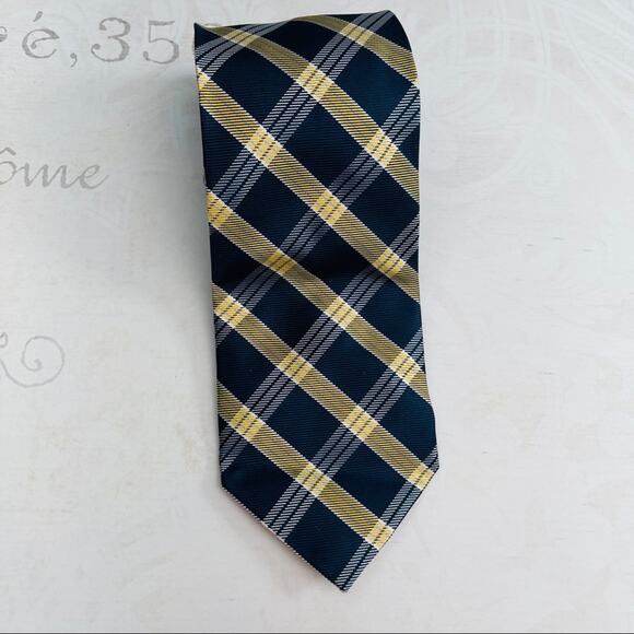 JoS. A. Banks Executive Collection Tie 100% Silk Plaid Yellow Navy - Picture 1 of 7